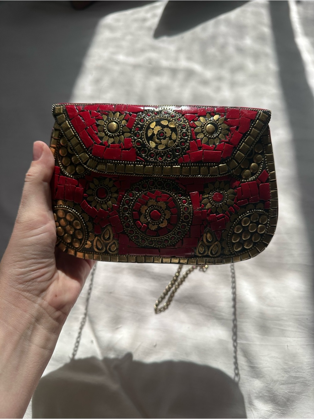 Red Mosaic Embellished Crossbody Bag